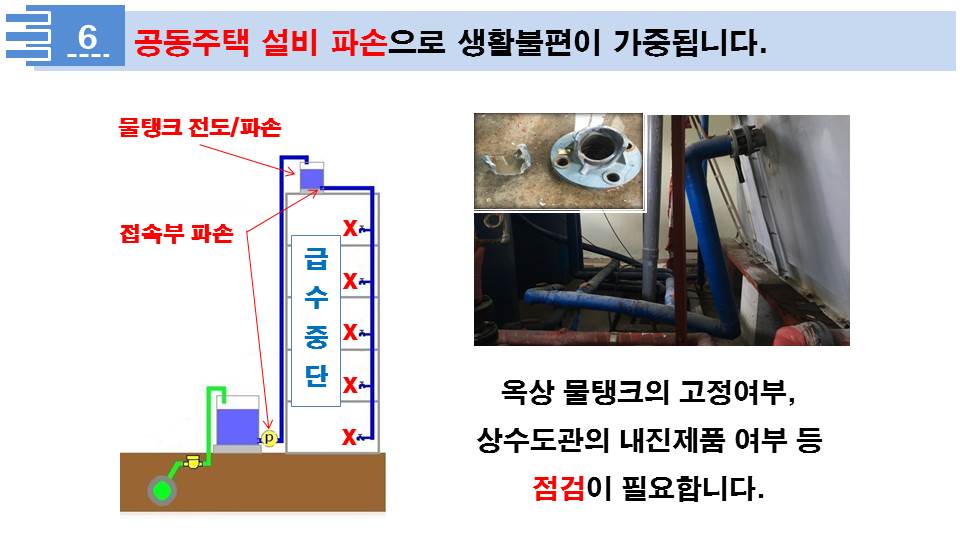 6. 공동주택 설비 파손으로 생활불편이 가중됩니다. 옥상 물탱크의 고정여부, 상수도관의 내진제품 여부 등 점검이 필요합니다.