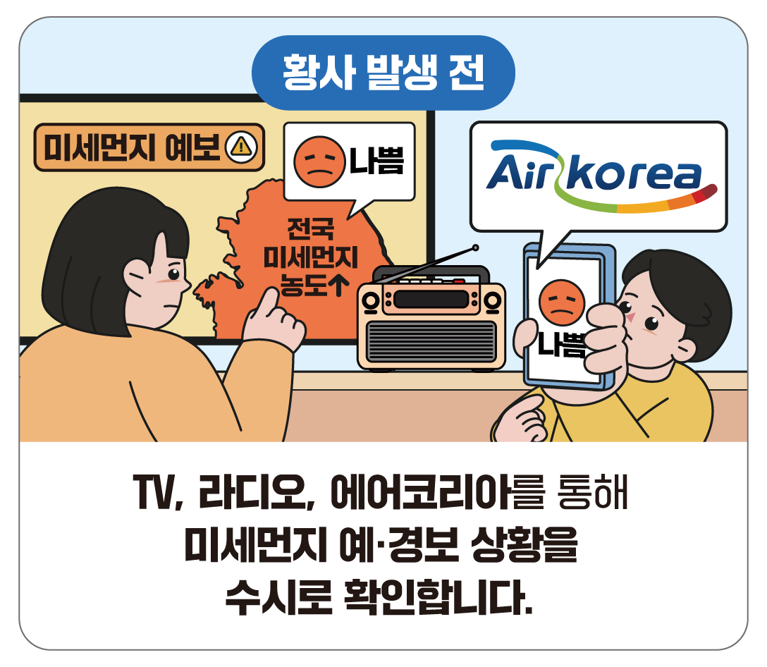 황사 발생 전 행동요령 - TV, 라디오, 에어코리아를 통해 미세먼지 예보,경보 상황을 수시로 확인합니다.