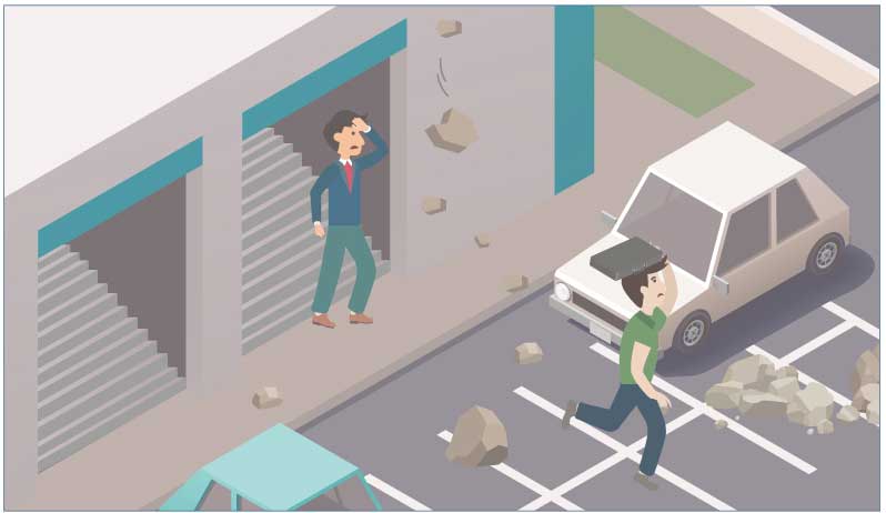 소지품으로 몸을 보호하며 대피하는 그림