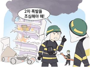 건물 붕괴 현장에서 2차 폭발을 대비하는 소방대원들의 그림