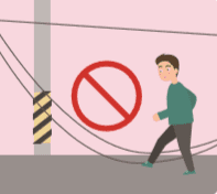 땅에 떨어진 전선으로 걸어가는것을 금지하는 그림
