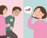 환자를 부축시키고 119에 신고하는 그림